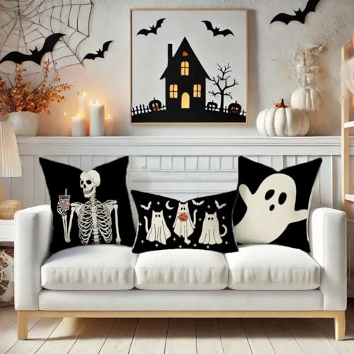 PANDICORN Halloween Throw Pillow Cover 12x20 Cute Ghost Cat - Black