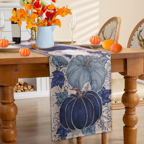 Heirloom Haven Vintage Blue Pumpkin Fall Table Runner 13x72 Inch