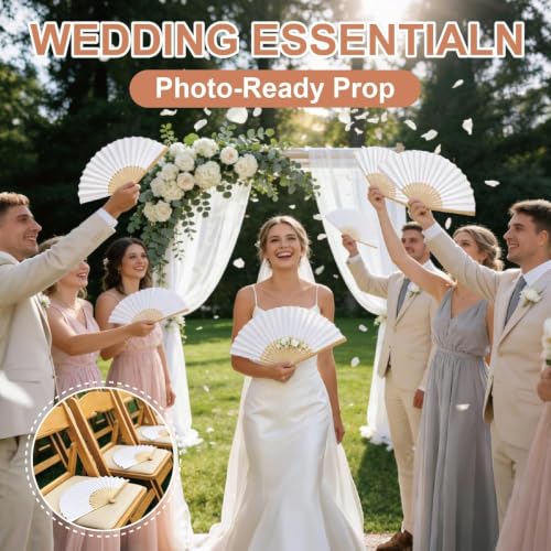 12 Pack Elegant Paper Hand Fans - Foldable Bamboo Handheld Fans for Weddings