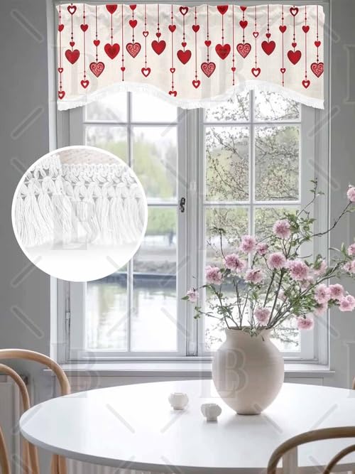 Scalloped Red Stripe Valance Curtain with Tassels - 54x18in