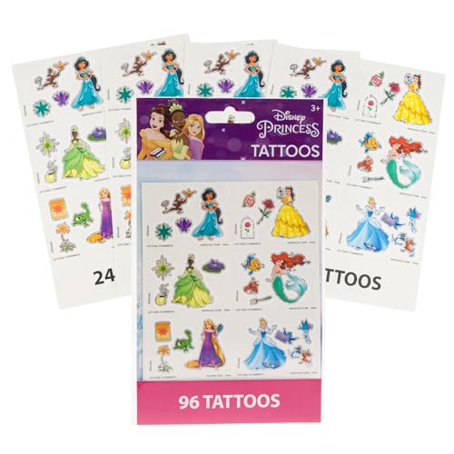 Princess Temporary Tattoos - Jasmine, Belle, Rapunzel, Tiana 96 Pack