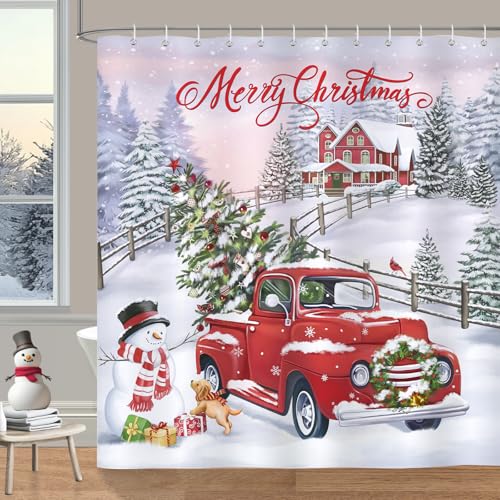 Bonhause Christmas Red Truck Shower Curtain, 72x72 Inch Holiday Bath Decor