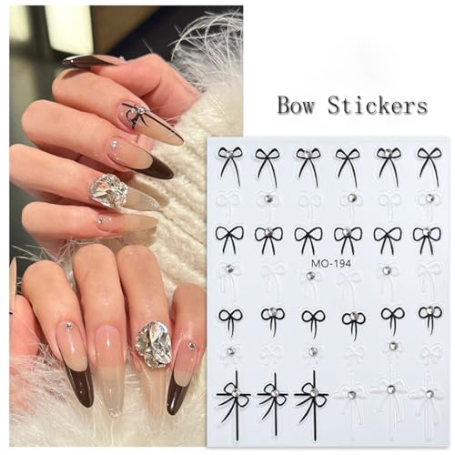 3D French Bow Nail Art Stickers - Self-Adhesive Red White & Black Bow Decals (4 Sheets)