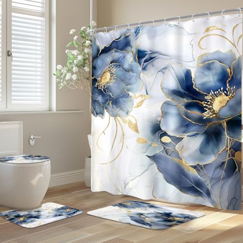 Navy Marble Floral Shower Curtain Set with Bath Mats - 4 Pieces