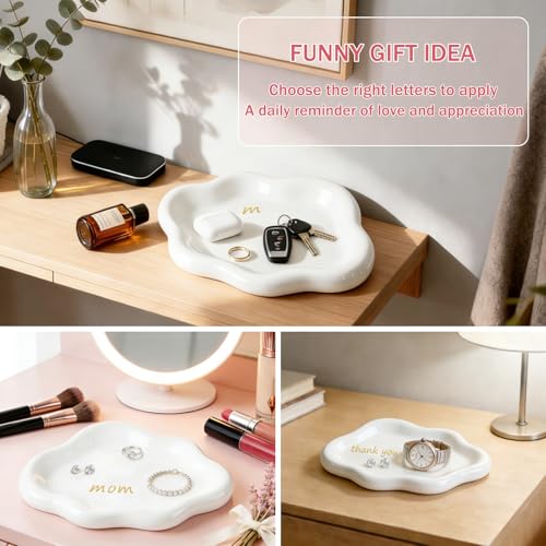 LUCKINEE Ceramic Cloud Jewelry Tray with DIY A-Z Gold Letter Stickers
