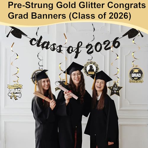 Congrats Grad 2026 Cake Topper Set - Black Glitter Graduation Decor