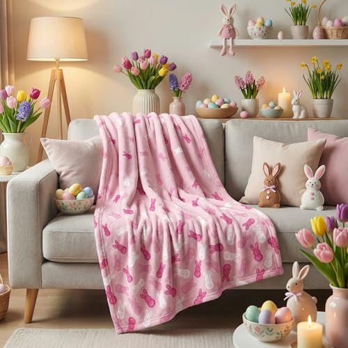 Horaldaily Pink Bunny Flannel Throw Blanket, Soft Plush Fleece 50x60 Inch