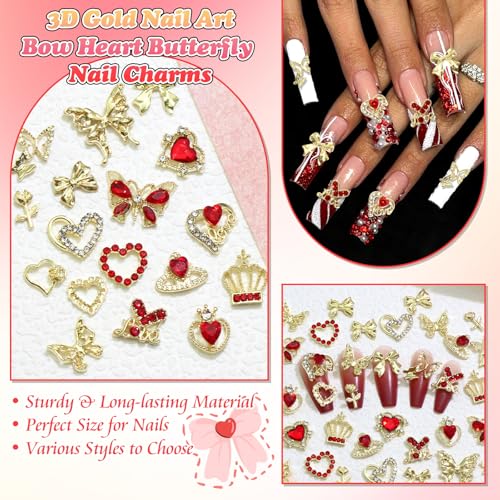 BELICEY 90Pcs Gold Nail Charms 3D Assorted Bow Heart Rhinestone Alloy Decor