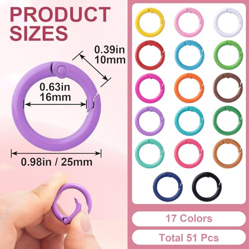 51Pcs 25mm Round Spring O Rings, Colorful Metal Carabiner Snap Buckle Clip Trigger DIY Accessories for Purse Keyrings Keychain Handbag Lanyard
