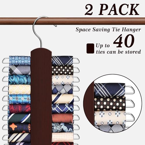 YYILIS Wooden Tie Rack Organizer - 2 Pack, 360° Swivel Hanger for 40 Ties