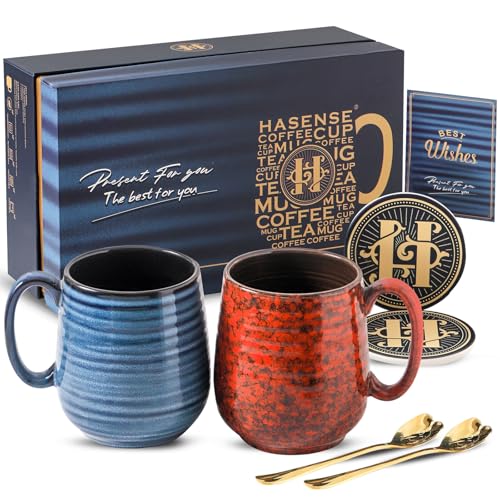 Blue & Red Ceramic Coffee Mug Set of 2 - 20 Oz Large Latte Cups with Handle, Gift Box & Coaster & Gold Spoon - Holiday Gift