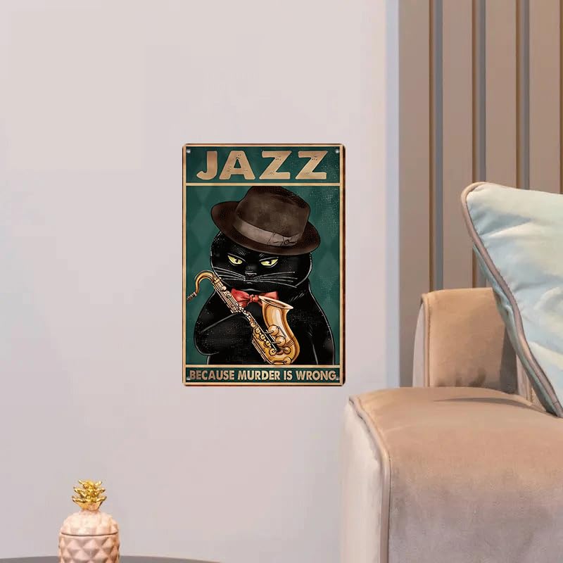 Cat Playing Clarinet Retro Metal Tin Sign Vintage Wall Art 8x12 Inch