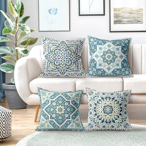 Joymaison Blue Mandala Velvet Throw Pillow Covers Set of 4 - 18x18 Inches