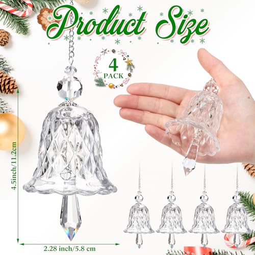 Clear Crystal Christmas Bell Ornaments - Set of 4 Glittering Glass Decorations