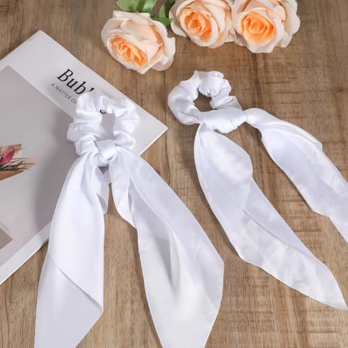 Mabor White Satin Hair Scrunchies with Bow Tails - 2 Pcs Elastic Hair Scarf