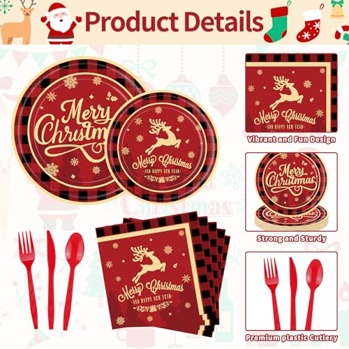 Christmas Party Supplies Set for 25 Guests - Red & Black Holiday Tableware, Plates, Cups, Napkins & Utensils