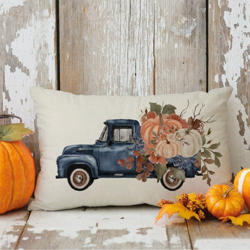 PANDICORN Navy Blue Fall Throw Pillow Cover 12x20 - Floral Pumpkin Design for Home Decor