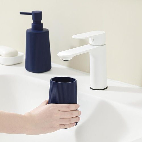 YAUKPH Bathroom Accessories 2 Piece Soap Dispenser and Toothbrush Holder Set Striped Blue