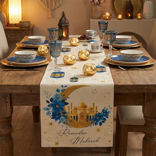 Ramadan Table Runner 13x72 Inch Beige Linen Eid Mubarak Decor