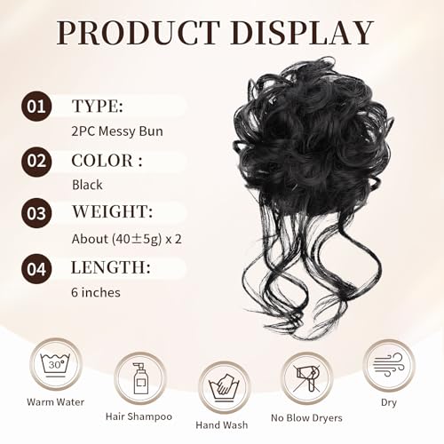 HotPro Messy Hair Bun Scrunchies 2-Piece Synthetic Updo Extension Jet Black