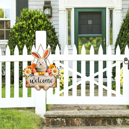 Rustic Easter Welcome Wreath Sign - 13" Wooden Door Decor