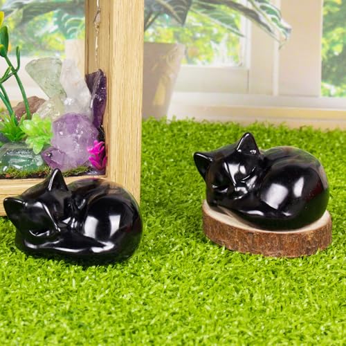 Black Obsidian Sleeping Cat Figurine - 2.1 Inch Hand Carved Decor