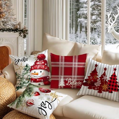 Artmag Christmas Pillow Covers Set of 4 - 18x18 Inch Buffalo Plaid Snowman & Tree