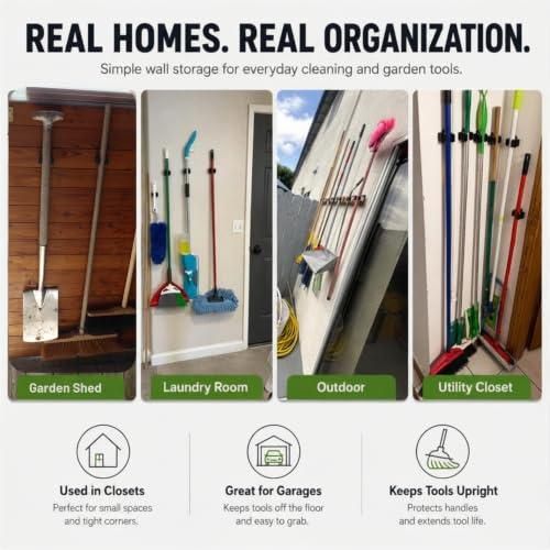 3-H Wall Mount Broom Holder 4 Pack - Black Stainless Steel Mop Hanger