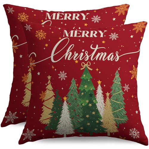 Merry Christmas Pillow Covers 18x18, Set of 2 Dark Red Holiday Throw Cases