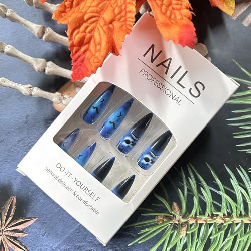 Halloween Press on Nails Long Almond Blue Skull Bat Acrylic False Nails