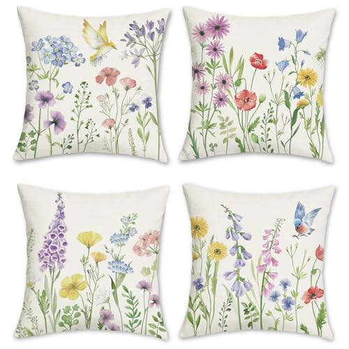 Bonhause Floral Throw Pillow Covers, 18x18 Inch Spring Garden Set of 4