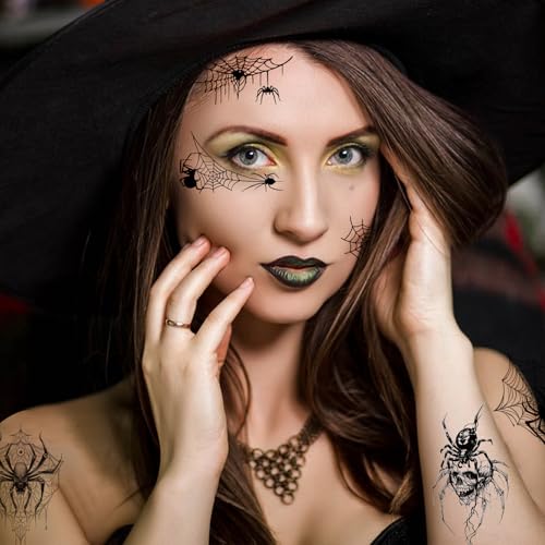 Konsait Spider Temporary Tattoos - 20 Sheets Halloween Spiderweb Face & Body Makeup