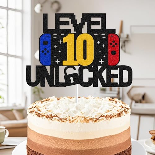 Level 10 Unlocked Cake Topper Black Glitter Video Gamer Birthday Party
