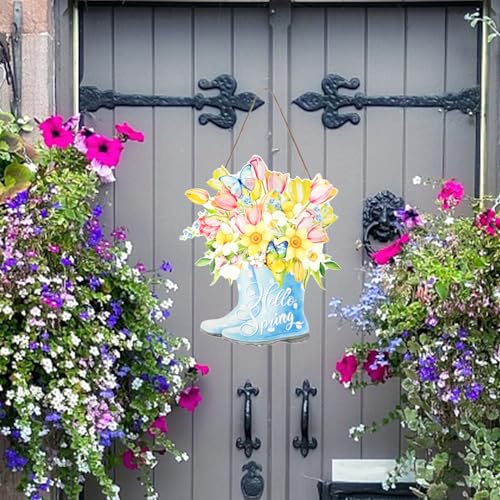Hello Spring Wooden Door Sign with Colorful Flower Boots
