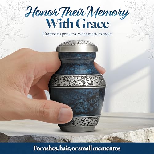 Elegant Mini Keepsake Urn for Ashes - Hand Engraved Blue Aluminum