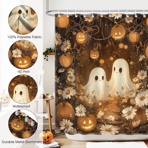 Cute Halloween Shower Curtain - Orange Pumpkin & Ghost - 72x72"