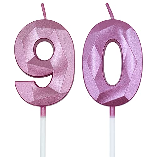 Pink 3D Diamond 90th Birthday Cake Candle Set - 2 Pcs