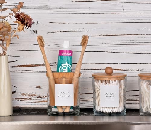 Glass Toothbrush Holder with Bamboo Divider - 3 Compartment Organizer