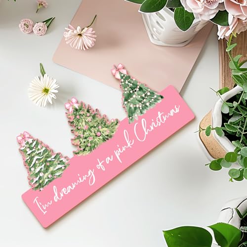 Pink Pastel Bow Christmas Tree Sign Decor - I'm Dreaming of a Pink Christmas - Room Wall & Front Door Hanging - Variation: Pintree