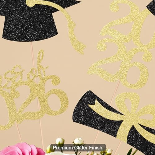 2026 Graduation Decorations - Black & Gold Glitter Centerpieces