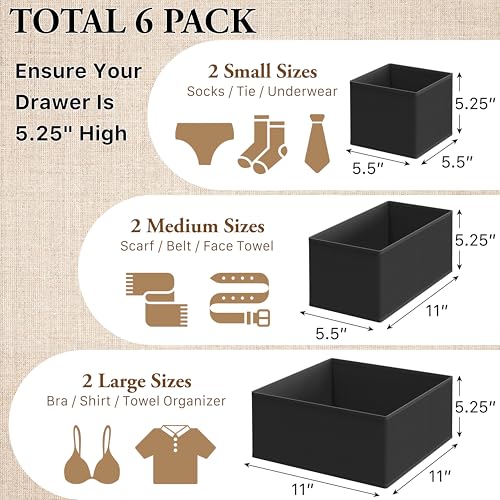 Simple Houseware Underwear Drawer Organizer Set of 6 - Black, Includes 2 Large, 2 Medium & 2 Small Boxes