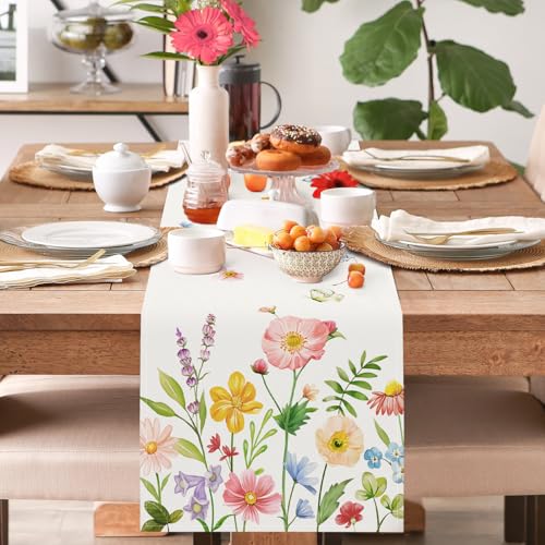 Floral Table Runner 13x72 Inch - Pink Blue Butterflies for Spring