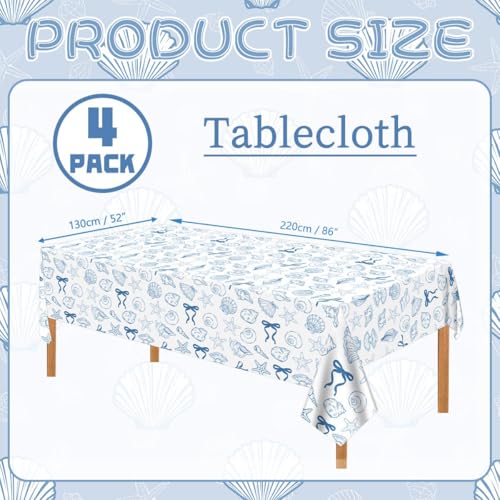 Beach Seashell Tablecloths - 4 Pack Party Decorations, 52 x 86 Inch