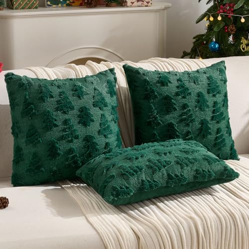 Christmas Tree Faux Fur Pillow Covers Set of 2 18x18 Dark Green Winter Decor
