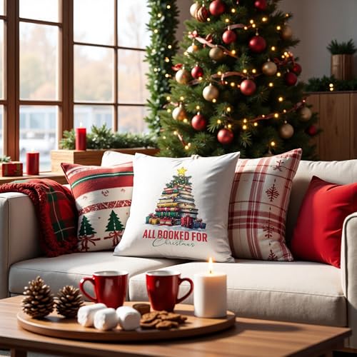 Christmas Book Tree Pillow Cover 18x18 - Book Lover Gift - 4 Color Options