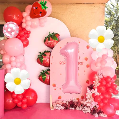 Corabsar Strawberry Balloons Set for First Birthday Party – 7 pcs, Pink & Red Berry Theme, Reusable Foil Decor, Variation 1