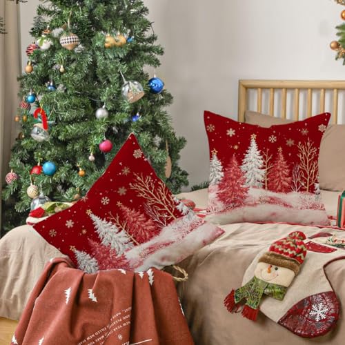 RABUSOFA Christmas Pillow Covers 18x18 Set of 2 Red Winter Holiday Decor