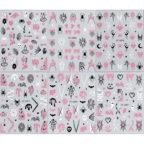 NSSHEL 6 Sheets Halloween Nail Stickers Spider Web Ghost Skull 3D Self-Adhesive