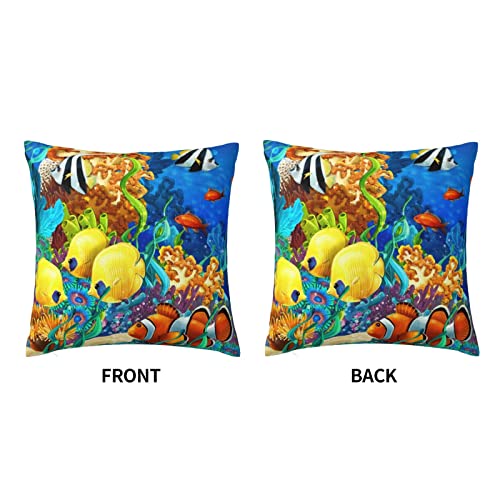 Watercolor Marine Life Throw Pillow Cover - 18x18 Inch Colorful Fish Design
