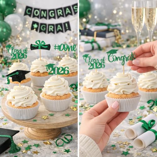 Green Glitter Graduation Cupcake Toppers Class of 2026 Party 24Pcs